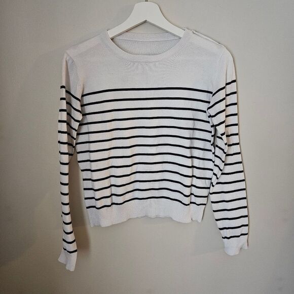 SHEIN Top Blouse Sweater Knit Striped White Black Buttons Crewneck Casual - Picture 1 of 9